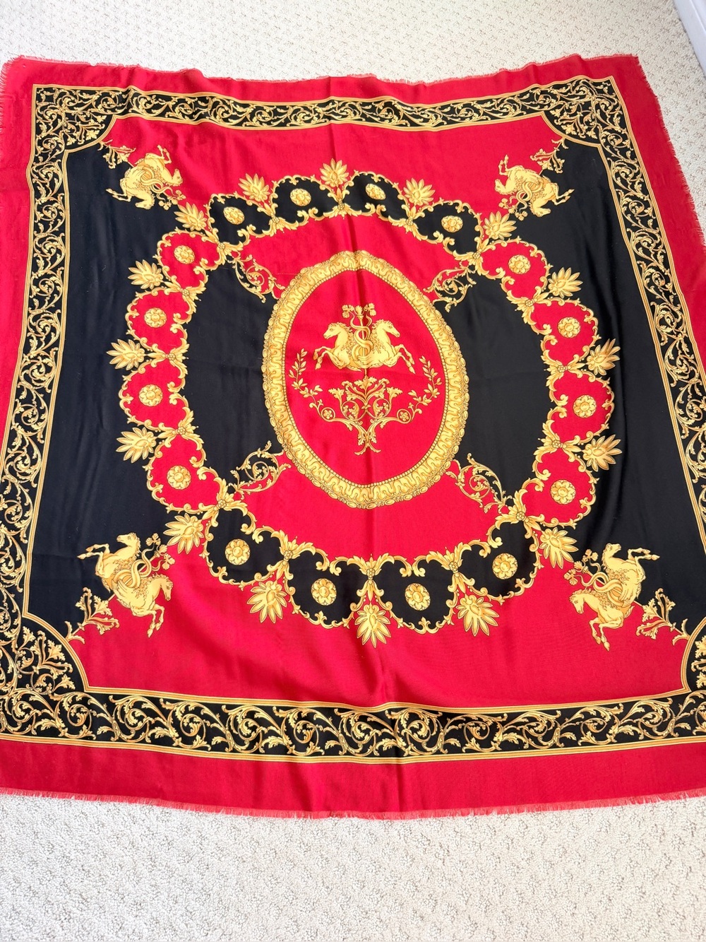 Oversized Baroque Red Black Gold Horse Scarf Shawl